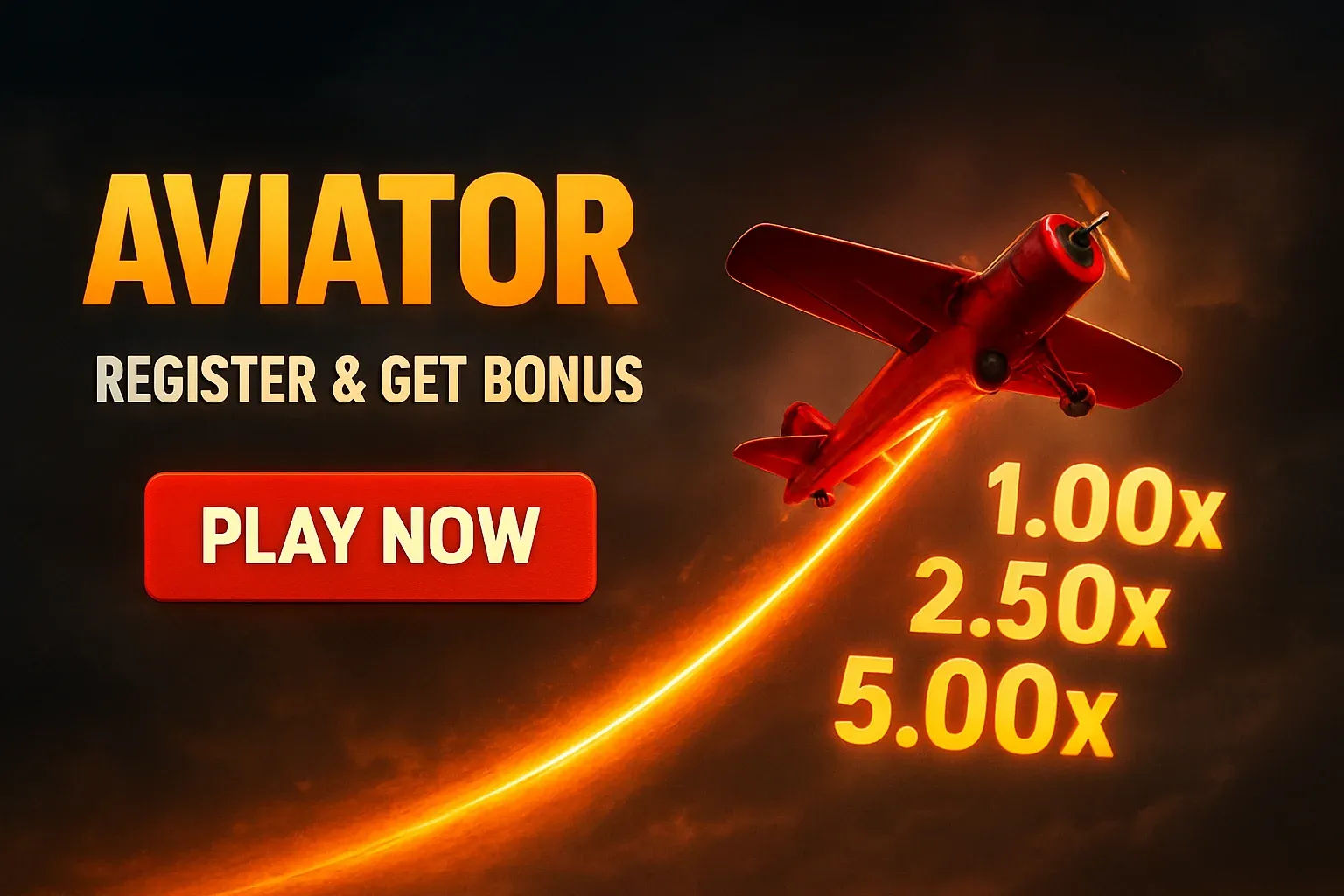 Aviator crash game banner with red plane, multipliers, and play now button