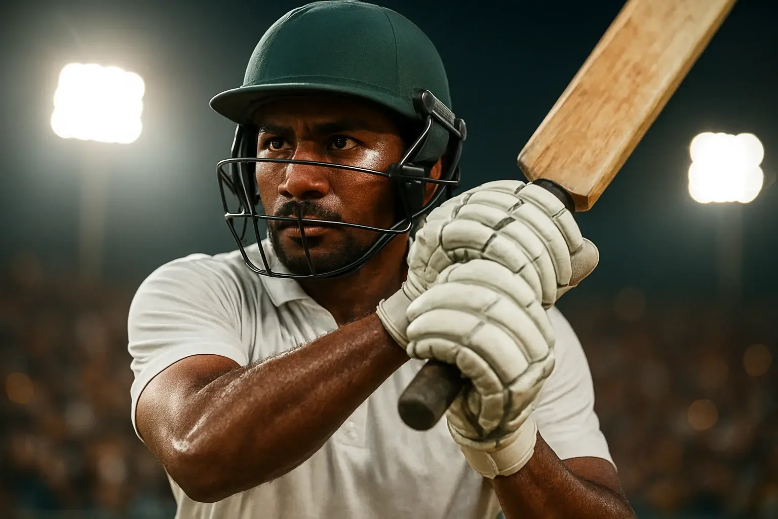 Bangladeshi male cricket batsman in white kit mid-swing under stadium lights