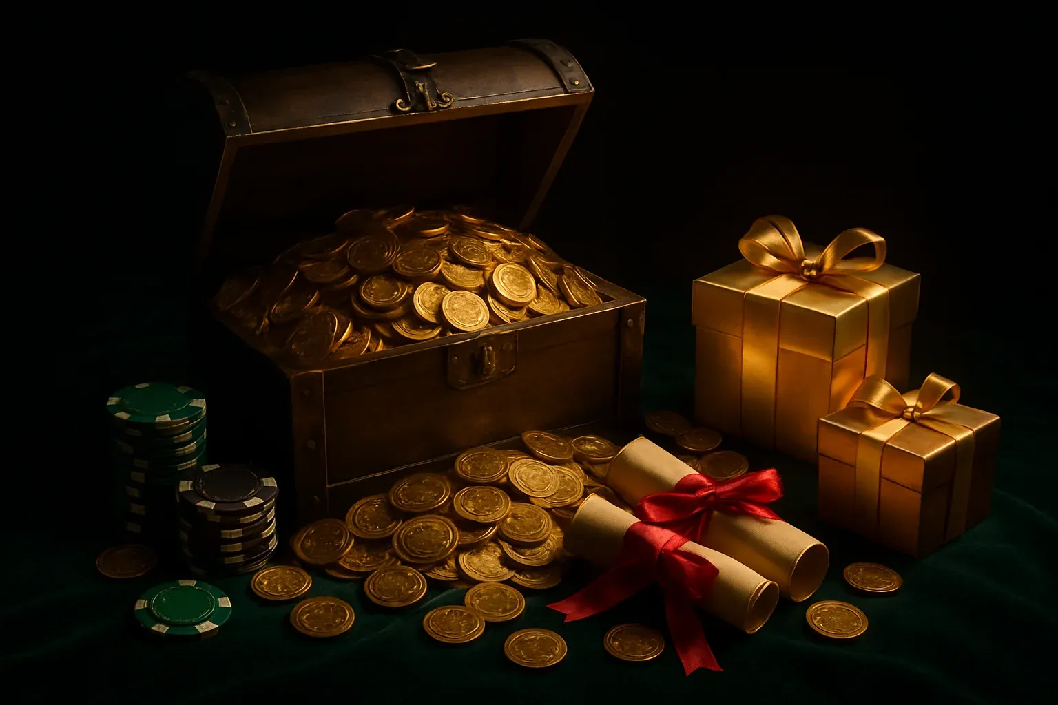 Overflowing treasure chest with coins, casino chips, vouchers, and gift boxes