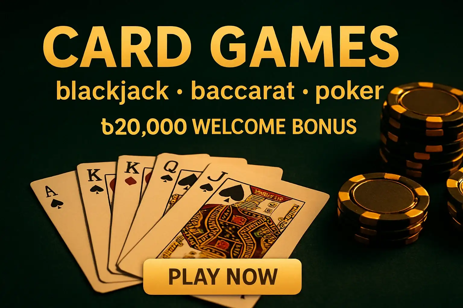 Card games banner with playing cards, chips, bonus offer, and CTA