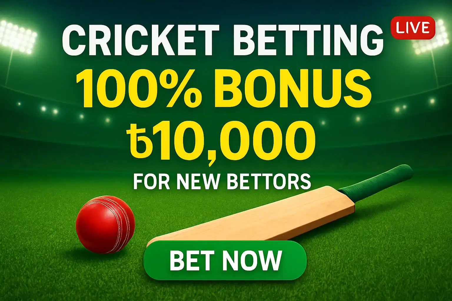 Cricket betting banner with stadium, bat, ball, bonus, and CTA