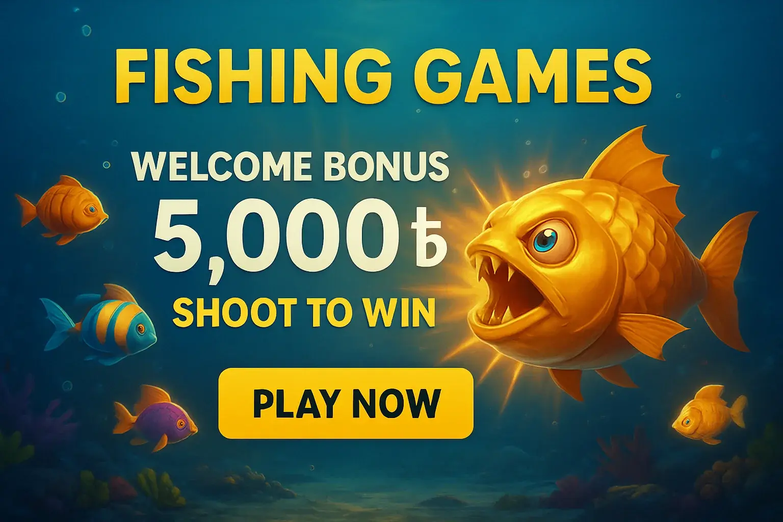 Fishing arcade banner with underwater boss fish, bonus offer, and play button