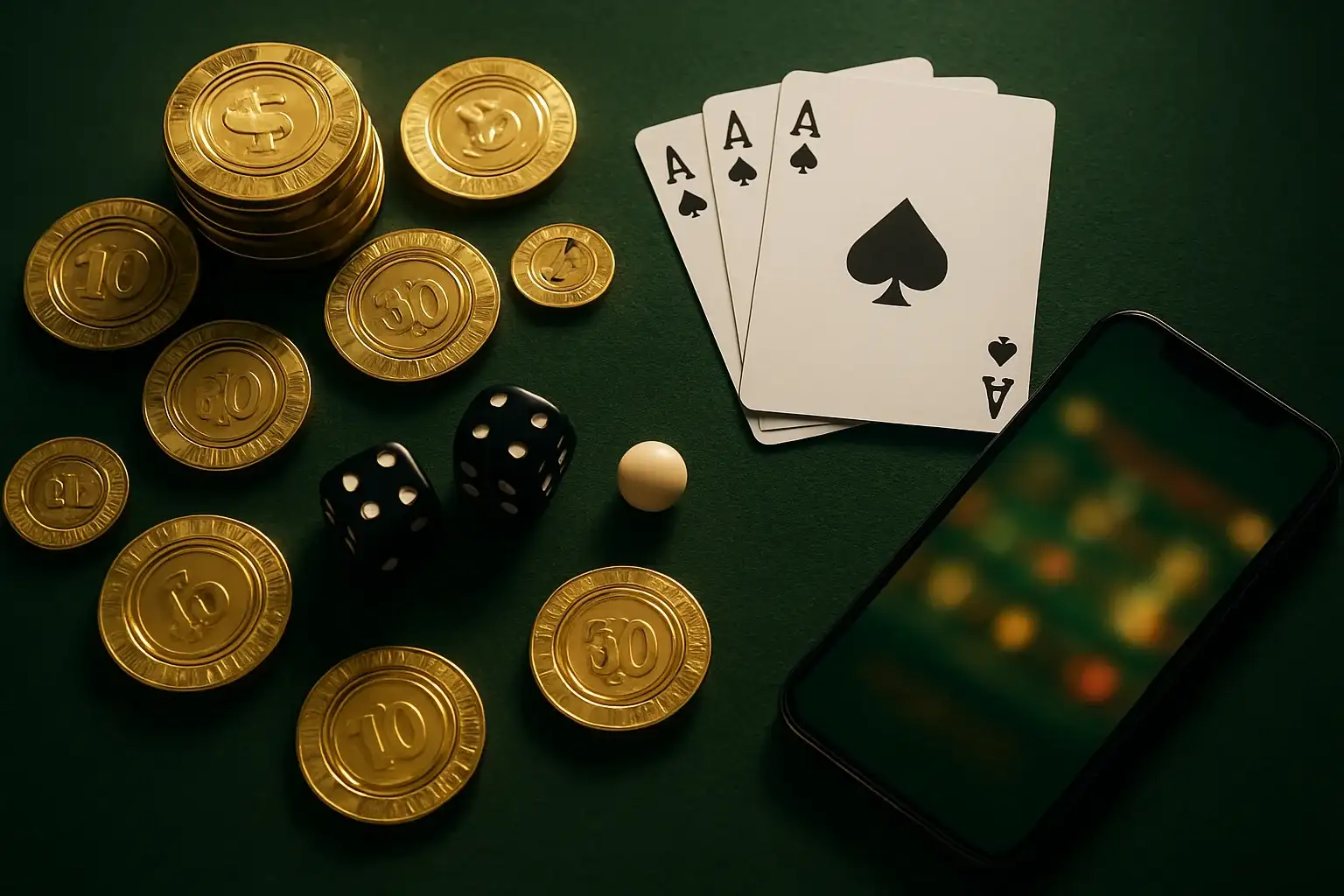 Top-down casino table with gold chips, cards, dice, roulette ball, smartphone