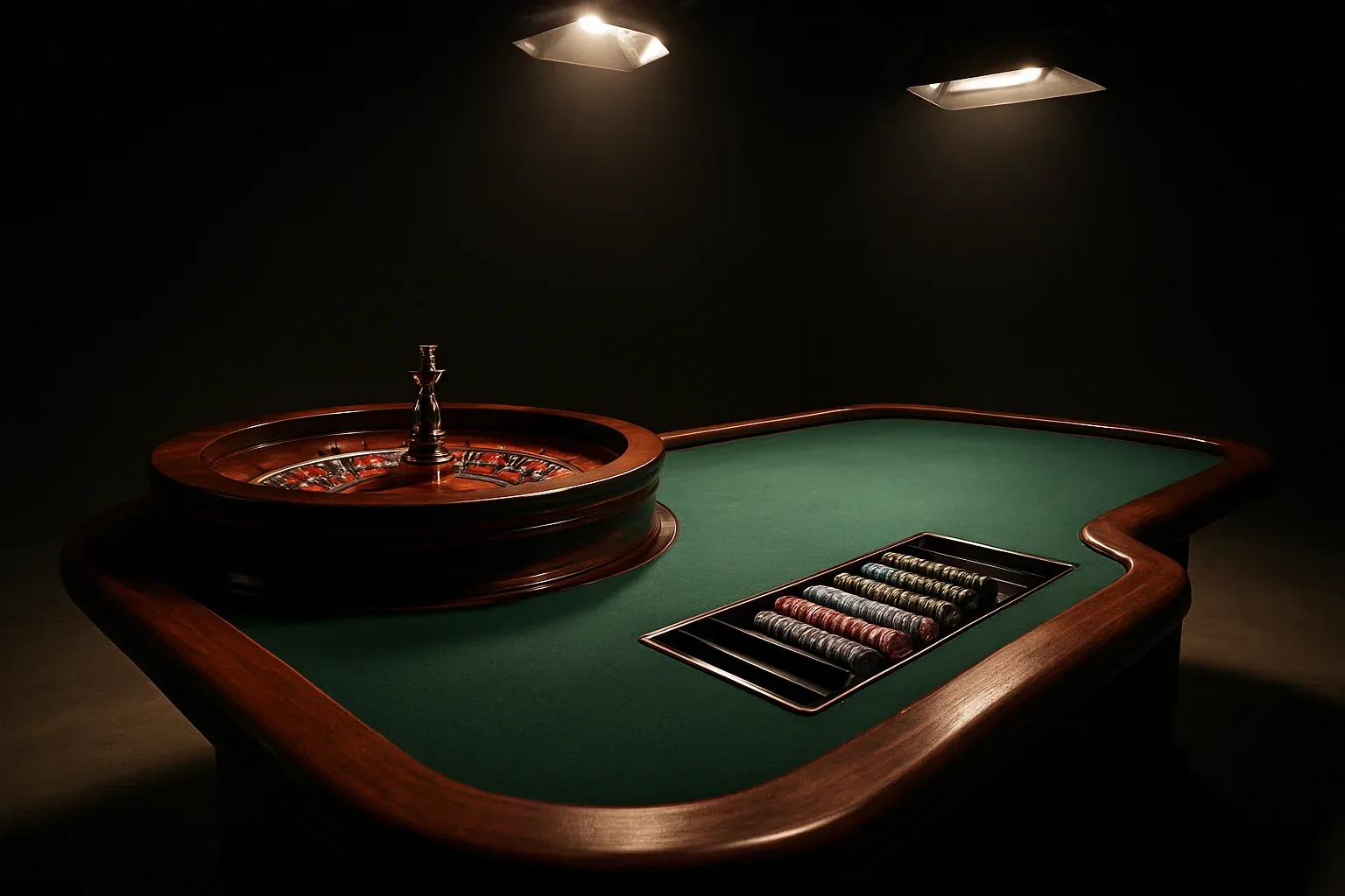 Premium live casino studio with empty roulette table and dramatic lighting