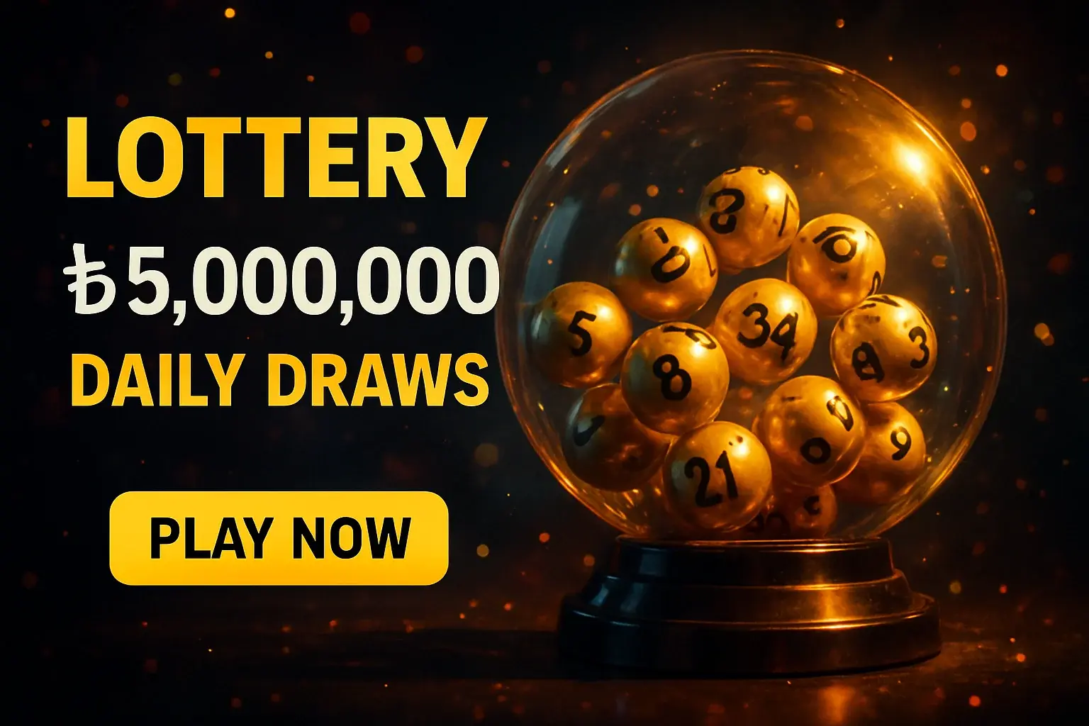 Glowing lottery balls in draw machine with jackpot and play now button