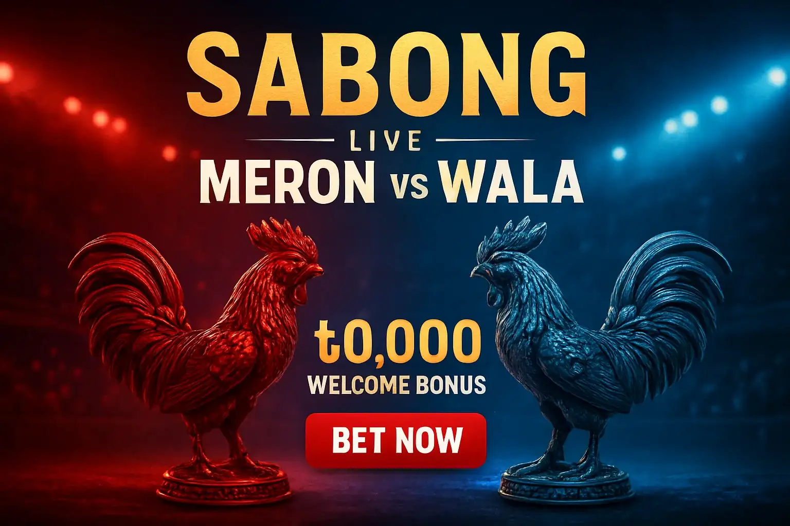 Promotional live sabong banner with decorative rooster figurines and bonus offer