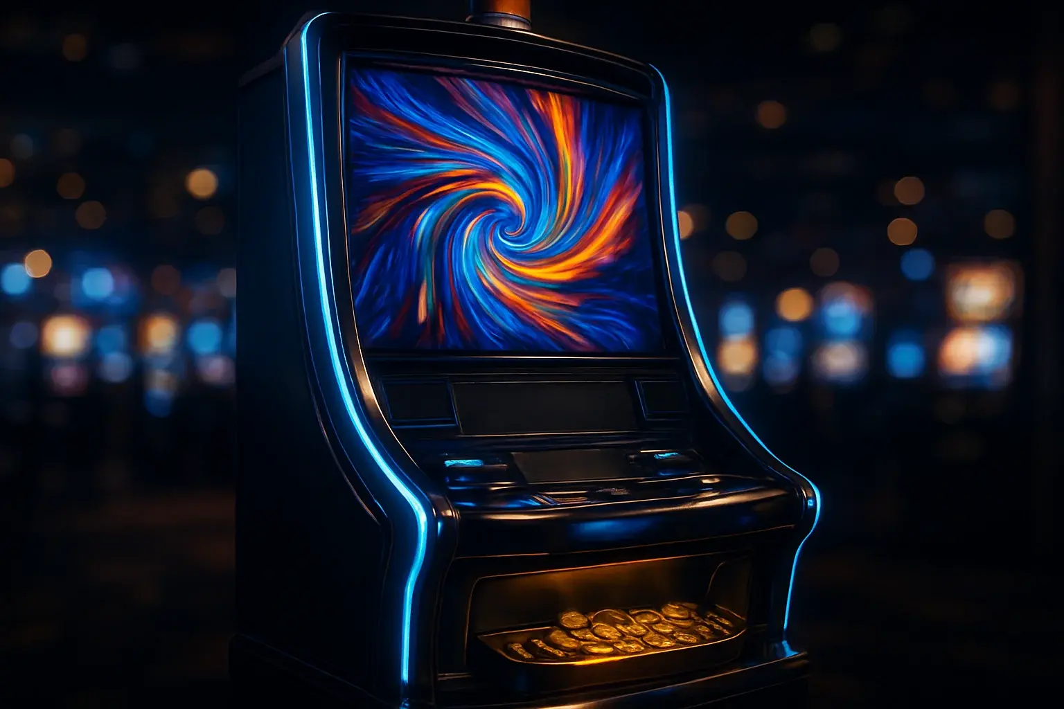 Premium slot machine glowing in dark luxury casino with neon lighting